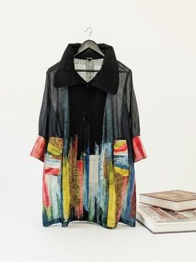 INC International Concepts Black Long Jacket with Multicolor Brushstroke Print